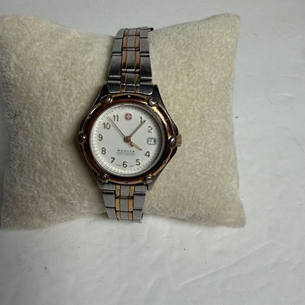Wenger Swiss Made Quartz Watch Two Tone Date White Dial AS IS Parts Repair NR